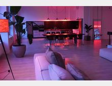 Offene Wohnküche in einem modernen Loft mit Holzboden, großen Grünpflanzen und mehreren Sitzbereichen. Der Raum ist in violettes und rotes Licht getaucht, mit einer minimalistischen Küche im Hintergrund und einer langen Esstafel mit Stühlen.