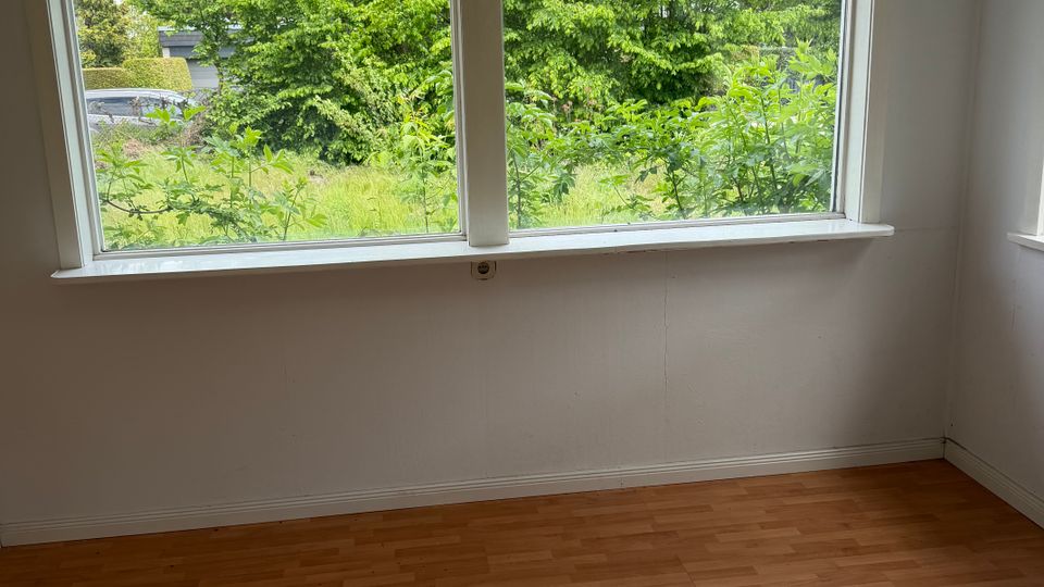 Leerer Innenraum mit hellem Laminatboden und weißen Wänden, dominiert von einem breiten Doppelfenster. Durch das Fenster ist ein grüner Garten mit dichtem Baumbestand und Sträuchern zu sehen.