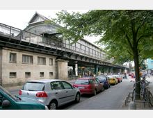 Erhöhte U-Bahn-Station mit einer Stahlkonstruktion auf Steinsockeln, darunter ein Gehweg mit Fahrradständern und geparkten Autos. Rechts säumen Bäume die Straße, während Passanten und Geschäfte den Bereich beleben.