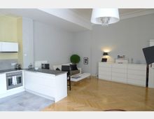 Offener Wohnraum mit heller moderner Einrichtung: eine kleine Einbauküche mit weißen Schränken und grauer Arbeitsplatte auf der linken Seite, ein Wohnzimmer mit Sofa und Dekoration im hinteren Bereich sowie ein heller Parkettboden. Ein Kronleuchter hängt von der Decke, und an der rechten Wand steht eine weiße Kommode.