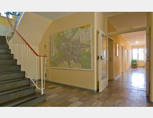 Treppenhaus in einem Gebäude mit beigen Wänden, einem gemusterten Fliesenboden und einer Karte von Berlin an der Wand. Im Hintergrund ist ein Flur mit mehreren Türen und einem Fenster, daneben eine Zimmerpflanze in einem Topf.