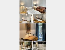 Wohnung mit hell eingerichtetem Wohnzimmer, das ein Sofa, ein Schlafsofa, Stehlampen sowie einen kleinen Glastisch enthält. Essbereich mit Holztisch und Blick auf einen Balkon mit Terrassenmöbeln. Modernes Badezimmer in Weiß und Schwarz mit Duschvorhang. Die Terrasse ist mit Sitzgelegenheiten und üppiger Begrünung ausgestattet.