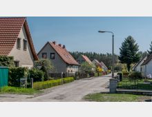 Siedlungsstraße mit Einfamilienhäusern, die rote Satteldächer und helle Fassaden besitzen. Die Umgebung ist geprägt von Vorgärten, Hecken, Bäumen und einer Straßenlaterne; im Hintergrund ist ein Wald sichtbar.