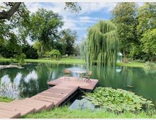 Holzsteg mit zwei Stühlen und einem Tisch auf einem Teich, umgeben von üppigem Grün und großen Bäumen, darunter eine hängende Weide; im Teich sind Seerosenblätter zu sehen.