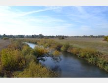 Eine ländliche Flusslandschaft mit einem schmalen, kurvigen Fluss, der von dicht bewachsenen Ufern mit Sträuchern und Bäumen gesäumt wird. Im Hintergrund sind weite Felder, eine Baumreihe und ein kleines Wohnhaus sichtbar, unter einem blauen Himmel mit vereinzelten Wolkenstreifen.