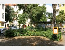 Kleiner Stadtplatz mit Pflastersteinen, einem dicht bewachsenen Grünbereich in der Mitte, umgeben von Bäumen und umstehenden Wohngebäuden. Im Vordergrund ein orangefarbener Mülleimer, im Hintergrund ein kleines Backsteingebäude mit Plakaten.