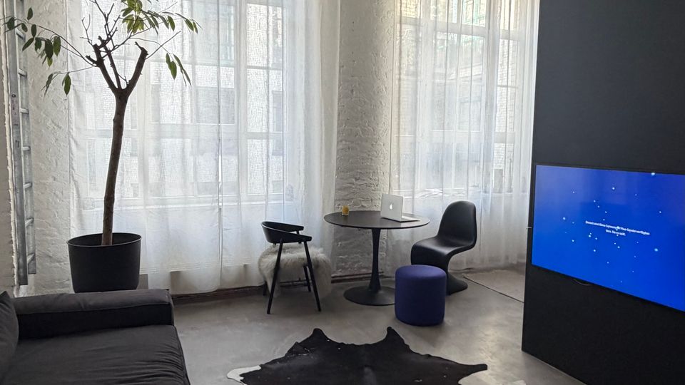 Heller, loftartiger Raum mit weißen Deckenbalken, großen Fenstern mit transparenten Vorhängen und Betonboden. Im Raum stehen ein schwarzes Sofa, ein Kuhfell-Teppich, ein kleiner Tisch mit Stühlen, eine Topfpflanze sowie eine schwarze Trennwand mit integriertem Bildschirm.