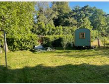 Ein grüner Garten mit einer Rasenfläche, umgeben von dichtem Laub und Bäumen. Im Hintergrund steht ein kleiner, grüner Bauwagen mit einem Fenster, daneben ein Holzstapel unter einem einfachen Dach.