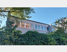 Flaches Gebäude mit grauer Fassade und großen rechteckigen Fenstern, teilweise verdeckt durch dichte grüne Vegetation im Vordergrund; darüber blauer Himmel mit Baumästen im oberen Bildbereich.