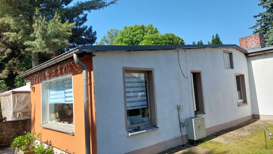 Anbau eines eingeschossigen Wohnhauses mit flachem Dach, orange-weißer Fassade und mehreren Fenstern mit Jalousien. Daneben verläuft ein schmaler Weg entlang der Wand, im Hintergrund stehen hohe Bäume und ein Gartenbereich.