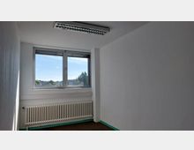Ein leerer Innenraum mit weißen Wänden, einem großen Fenster mit Blick auf Bäume und Gebäude sowie einem Heizkörper unter dem Fenster. An der Decke befindet sich eine Lampe mit rechteckigem Rasterdesign.