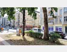 Städtische Straßenszene mit mehrstöckigen Wohnhäusern im Hintergrund, die pastellgelb und weiß gestrichen sind, darunter Geschäfte mit roten Markisen. Im Vordergrund befinden sich ein kleiner Grünstreifen mit Bäumen und Sträuchern sowie geparkte Autos.