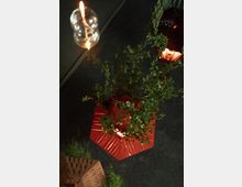 Blick von oben auf dekorative, rot-orangene Metalldekorationen in geometrischen Formen, die bepflanzt und beleuchtet sind, auf einem dunklen Boden mit sechseckigem Muster. Im Vordergrund hängt eine Glühbirne in einem Glasgehäuse.