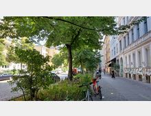 Baumbestandene Gehwegstraße in einer städtischen Wohngegend mit mehrstöckigen Altbau- und Neubauten. Fahrräder sind entlang eines Geländers abgestellt, und einige Passanten sind auf dem gepflasterten Gehweg unterwegs.