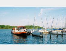 Ein kleiner Hafen mit mehreren Segelbooten, von denen einige mit blauen und weißen Planen abgedeckt sind, sowie ein größeres rotes und weißes Boot im Vordergrund. Im Hintergrund sind eine Waldlandschaft und ein klarer, blauer Himmel zu sehen.