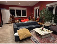 Wohnzimmer mit roten Wänden, großen Fenstern und einem Laminatboden. Im Vordergrund steht eine dunkelblaue Ledercouch und ein weißer Marmortisch auf einem großen, gemusterten Teppich; im Hintergrund befinden sich Musikinstrumente, wie Gitarren und ein Mikrofonständer, sowie Pflanzen und ein weißer Schrank.