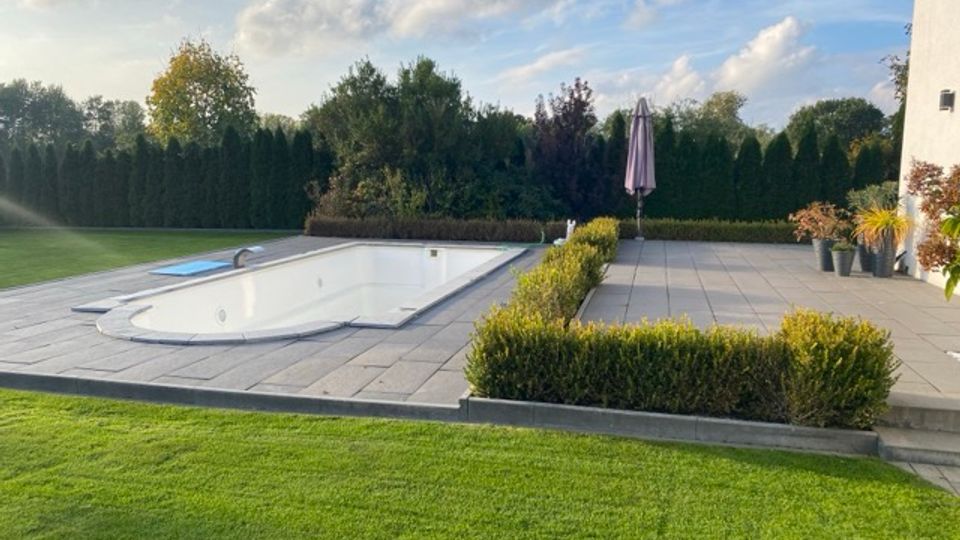 Große, gepflasterte Terrasse in einem Garten mit rechteckigem, leerem Einbaupool und einem Sonnenschirm auf der Steinfläche. Umgeben von Rasen, niedrigen Hecken, Pflanzkübeln und einer hohen Baum- und Sichtschutzhecke am Grundstücksrand.