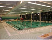 Hallenbad mit einem rechteckigen Schwimmbecken, umgeben von hellgrünen Fliesen und Handläufen aus Metall. Im Hintergrund befinden sich große Fenster und Topfpflanzen, darüber eine Decke mit Beleuchtung und der Hinweis "Wassertiefe 2,20".