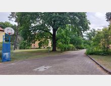 Pflasterweg in einer grünen Parkanlage mit Bäumen, Büschen und einer Straßenlaterne, flankiert von Gebäuden mit gelber Fassade. Links im Vordergrund steht ein blauer Basketballkorb.