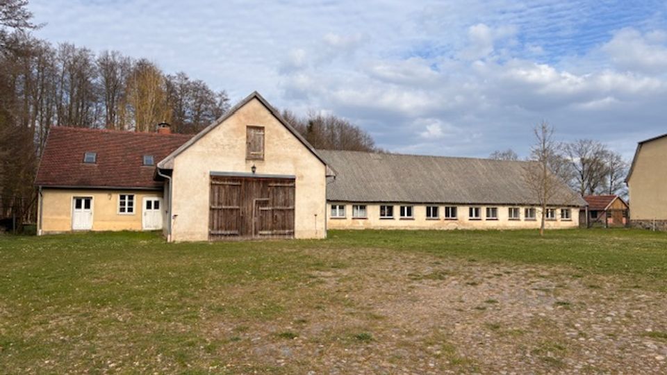 Ländlicher Bauernhof mit hellem Hauptgebäude und großer Scheunentür sowie einem langen, niedrigem Stall- oder Wirtschaftsgebäude mit vielen Fenstern. Davor liegt eine weite Wiese, im Hintergrund stehen kahle Bäume unter einem teils bewölkten Himmel.