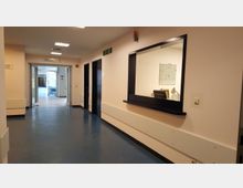 Ein heller Flur in einem Gebäude mit blauem Bodenbelag, hellen Wänden und einer schwarzen Empfangstheke an der rechten Wand. Am Ende des Flurs führen Glastüren zu einem lichtdurchfluteten Bereich außerhalb des Flures.