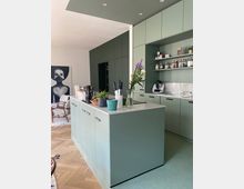 Moderne Küche mit matten, grünlich-grauen Schränken und einer zentralen Kücheninsel. Die Rückwand enthält offene Regale mit Gläsern, im Vordergrund stehen Pflanzen und Haushaltsgegenstände auf der Arbeitsfläche, und im Hintergrund ist ein Gemälde an der Wand sichtbar.