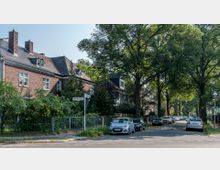 Straßenkreuzung in einem Wohngebiet mit Backsteinhäusern und Satteldächern, umgeben von Bäumen und dichter Vegetation. Geparkte Autos säumen die Straße, die von großen, schattenspendenden Bäumen überragt wird.