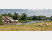 Eine Landschaft mit Wiese im Vordergrund, auf der mehrere Schafe grasen, daneben ein Fluss mit Bäumen am Ufer. Links steht ein Gebäude mit organisch geformtem Dach und Sonnenschirmen auf einer Terrasse, auf der Menschen sitzen.