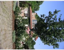 Ein rustikales Haus mit Ziegeldach und verputzter Fassade, umgeben von üppigen Blumenbeeten mit Rosen und einem gepflasterten Hof. Im Vordergrund steht ein großer Baum, dahinter sind grüne Sträucher und Bäume unter klarem, blauem Himmel zu sehen.