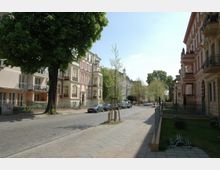 Straßenszene in einem Wohngebiet mit historischen, mehrstöckigen Gebäuden im Stil der Gründerzeit, flankiert von Gehwegen und Bäumen. Im Vordergrund ein großer Baum, Autos parken entlang der gepflasterten Straße.