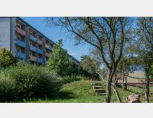 Mehrstöckige Wohngebäude mit farbigen Balkonen neben einer begrünten Parklandschaft mit Bäumen, Sträuchern und einer kleinen Treppe, die auf einen grasbewachsenen Hügel führt. Im Hintergrund blauer Himmel und einzelne Gebäude.