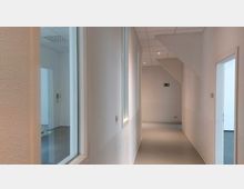 Ein heller Büroflur mit weiß gestrichenen Wänden, mehreren Türen und schmalen Fenstern, die zu angrenzenden Räumen führen. An der Decke befinden sich Einbauspots, und an der Wand hängt ein Notausgangsschild.