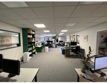 Ein modernes Großraumbüro mit grauem Teppichboden, weißen Wänden und abgehängter Decke. Der Raum verfügt über mehrere Arbeitsplätze mit Computern, grüne Regale für Akten, eine Glasfensterwand und eine Topfpflanze im Hintergrund.