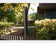 Garten mit herbstlichem Laub, umgeben von Bäumen und Sträuchern, im Hintergrund ein Backsteingebäude mit Giebeldach sowie ein Holzzaun im Vordergrund.