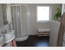 Modernes Badezimmer mit einer Eckdusche mit Glasabtrennung, einem weißen Waschbecken mit Spiegel, dunklem Fliesenboden und weißen Wänden. Ein Fenster lässt Tageslicht herein, dazu befindet sich eine Sitzbank mit Korbfächern und eine grüne Zimmerpflanze auf einer gefliesten Abtrennung.