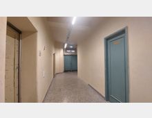 Ein schlichter, beige gestrichener Innenflur mit grauem Steinboden, einer Deckenleuchte und türkisfarbenen Türen, darunter eine mit der Aufschrift "WC". Am Ende des Flurs sind zwei große Doppeltüren zu sehen, darüber ein kleines Fenster mit Gitter.