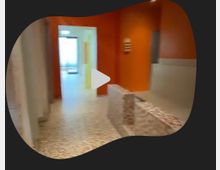 Ein Flur in einem modernen Innenraum mit orangefarbenen Wänden und einem Boden mit gemusterten Fliesen. Im Hintergrund ist ein heller, lichtdurchfluteter Raum mit großen Fenstern sichtbar.