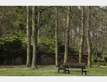Bewaldeter Park mit einer Reihe aus Bäumen und einer Backsteinmauer im Hintergrund, über die Efeu wächst. Im Vordergrund steht eine leere Holzbank auf einer Rasenfläche.