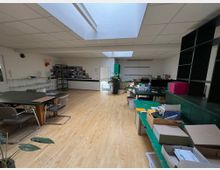 Heller, moderner Büroraum mit Holzboden, mehreren Tischen und Regalen, die mit Dokumenten und Boxen gefüllt sind. Eine große Fensterfront im Dach sorgt für Tageslichteinfall, und Pflanzen sowie eine Pinnwand mit Fotos sind im Raum verteilt.