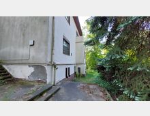 Seitenansicht eines älteren Gebäudes mit weißer Fassade, teilweise mit abblätterndem Putz. Im Vordergrund sind ein Gehweg, verwitterte Treppenstufen und dichter Bewuchs mit Bäumen und Sträuchern zu sehen.