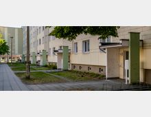 Mehrfamilienhaus mit hellbeiger Fassade und grünen Akzenten, entlang eines gepflasterten Gehwegs mit angrenzenden Rasenflächen und kleinen Baumscheiben. Vor den Hauseingängen sind Fahrradbügel und einzelne Fahrräder sichtbar.