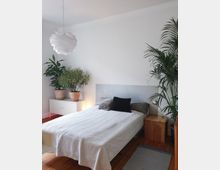 Ein helles Schlafzimmer mit einem Bett in der Mitte, bedeckt mit einer weißen Decke und mehreren Kissen. Links stehen Topfpflanzen auf einem weißen Schrank, rechts befinden sich weitere Pflanzen sowie ein Nachttisch mit einer goldenen Lampe. Die Wände sind weiß, und eine auffällige Hängelampe hängt von der Decke.