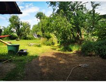 Eine grüne Gartenlandschaft mit Bäumen, Wiese, und verstreutem Gartenmobiliar. Im Vordergrund befinden sich eine grüne Regentonne, ein Gartenschlauch mit Sprinkler und eine flache Kiste; im Hintergrund sind hölzerne Sitzgelegenheiten und Wäscheleinen sichtbar.