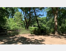 Waldweg mit Schattenwurf von hohen Bäumen, einer verzierten Metallbrüstung im Vordergrund und dichtem Grün im Hintergrund; in der Ferne ist eine Statue sichtbar.