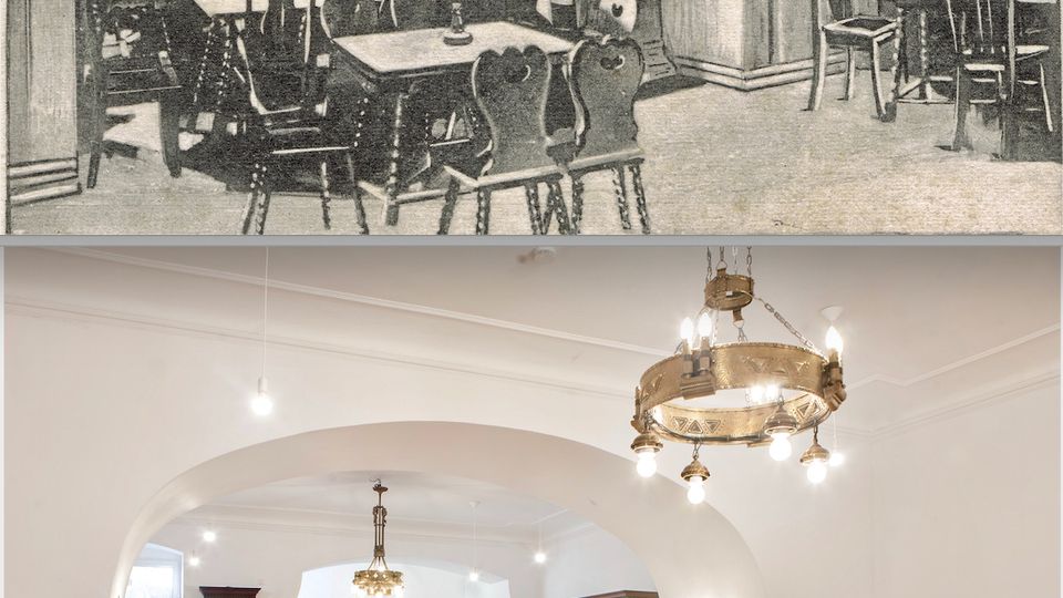 Zweiteiliges Bild eines Gastraum-Interieurs: oben ein historisches Schwarzweißfoto mit Tischen und Stühlen unter einem großen Rundbogen, unten derselbe Raum renoviert mit weiß verputzten Bögen, Holzvertäfelung, Holzboden und Kronleuchtern. Im Hintergrund sind weitere Durchgänge und ein großer Holzschrank zu sehen.
