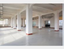 Großer, leerer Industrie- oder Lagerraum mit glattem Betonboden, vielen weißen Stützsäulen und sichtbaren Deckenleitungen. Hohe, rasterförmige Fenster lassen viel Tageslicht herein; im Hintergrund steht ein einzelnes Auto.