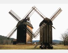 Zwei historische Windmühlen auf einer offenen Wiesenfläche, eine größere mit einem teilweise hölzernen Turm und eine kleinere mit einem schmaleren Aufbau. Im Hintergrund sind Bäume und leicht hügelige Landschaft erkennbar.
