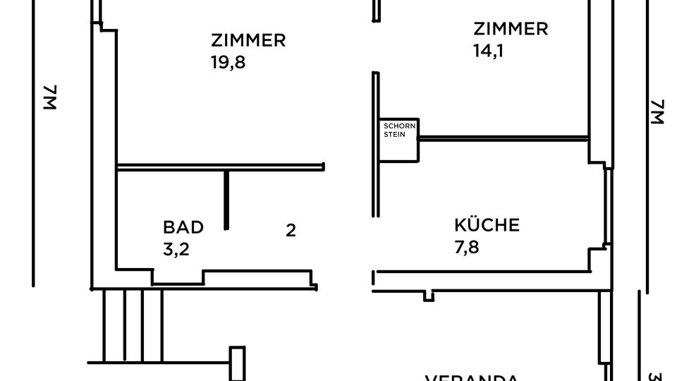 Schwarz-weißer Grundriss einer Wohnung mit beschrifteten Räumen: zwei Zimmer (19,8 m² und 14,1 m²), Küche (7,8 m²), Bad (3,2 m²) sowie eine Veranda (16,2 m²). Außenmaße und Hinweise zur Wohnfläche (gesamt 58 m²) sowie Baujahr 1938 sind am Rand eingetragen.