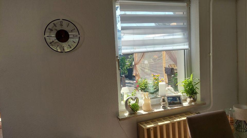 Heller Innenraum mit weißer Wand und runder Wanduhr neben einem Fenster mit halb geschlossenem Doppelrollo. Auf der Fensterbank stehen mehrere Zimmerpflanzen und Dekorationen; darunter befindet sich ein Heizkörper, und durch das Fenster ist ein kleiner Außenbereich mit Pflanzen zu sehen.