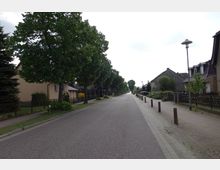 Eine ruhige Wohnstraße mit Bürgersteigen auf beiden Seiten, gesäumt von Bäumen und Einfamilienhäusern mit Vorgärten. Die Straße ist asphaltiert, mit Holzpfosten als Trennung zwischen Gehweg und Straße.